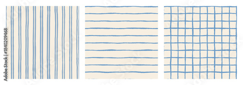 Vertical and Horizontal Stripes and Grid Seamless Vector Pattern Set, Blue Jagged Lines Background for Textile and Paper Designs