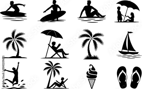 Collection of black silhouette icons depicting beach and summer activities vacation