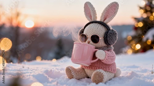Knitted rabbit toy with sunglasses and earmuffs holding a steaming pink mug in snow. Cozy winter Christmas holiday footage for kids.