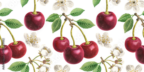 Seamless pattern background cherries in a row food watercolor illustration. Whole sweet cherry, berry core fruits, flowers, leaves, leaf, stalk, stems on branch watercolour hand drawn elements clipart