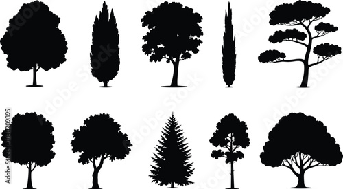 Collection of black tree silhouettes on a white background black and white nature