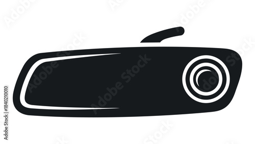 Isolated black icon of a mirror dash cam, a rearview mirror with integrated recording device, on white