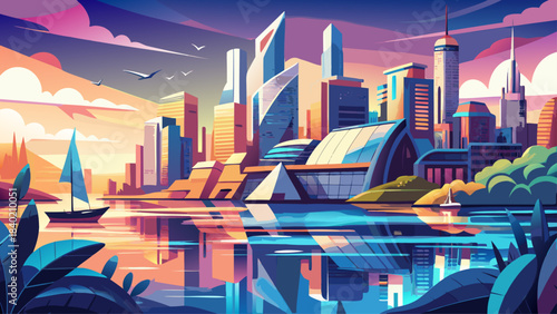 A dynamic urban waterfront with modern silhouettes, shimmering reflections, and breezy open water, highlighting the vibrant character of a thriving coastal city.