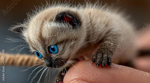 Tiny Siamese Kitten Balanced on Finger