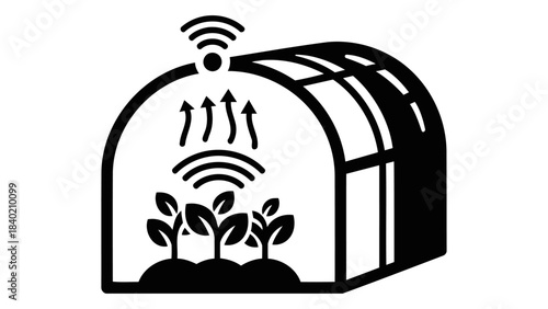 Smart greenhouse system icon with plants growing inside, controlled environment, and wireless connectivity symbol