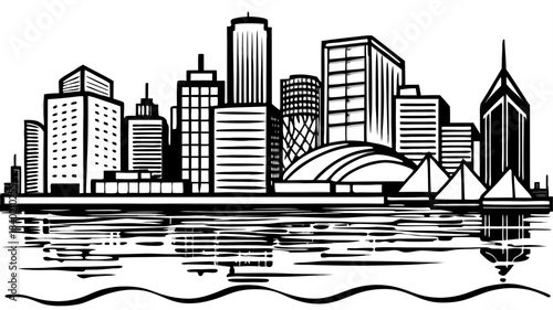 A dynamic urban waterfront with modern silhouettes, shimmering reflections, and breezy open water, highlighting the vibrant character of a thriving coastal city.