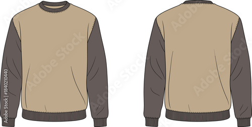 Two tone crewneck sweatshirt flat sketch, long sleeve casual apparel design, ribbed cuffs hem fashion template, clothing illustration garment technical drawing