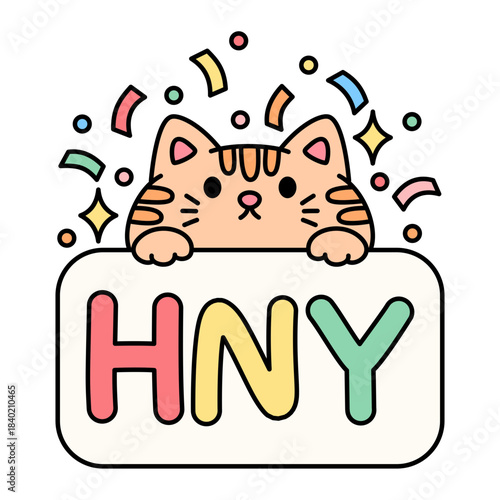 Orange Cat with HNY Sign Illustration Elements