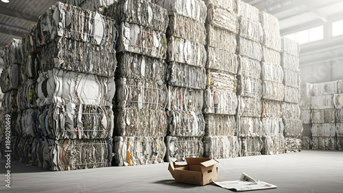 Massive Stacks of Baled Recycled Paper and Cardboard in an Industrial Warehouse