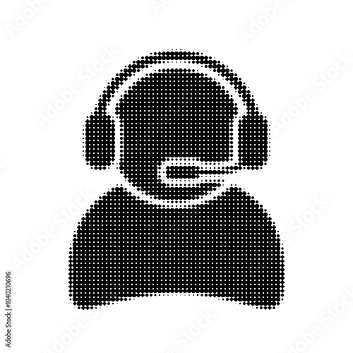 Halftone support agent icon with headset and microphone, representing customer service, call center assistance and communication support.