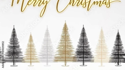golden, black & white merry christmas congratulations animation with abstract christmas trees over white and gentle snowfall as a background