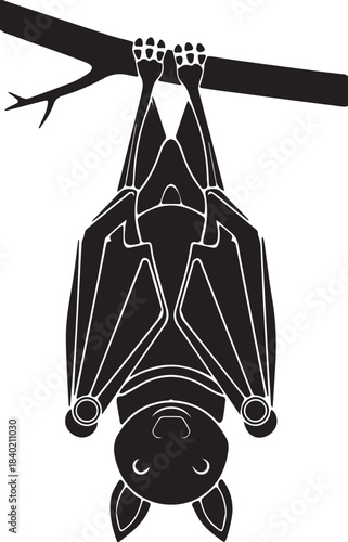 Vector bat hanging upside down from tree branch silhouette illustration