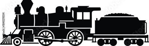 Vintage steam locomotive silhouette on tracks, classic railroad engine illustration, retro coal train transportation design, historic railway vehicle artwork, black vector graphic
