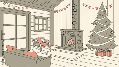 Cozy Cabin Christmas:  A charming holiday cabin is transformed with festive decorations, including a twinkling tree, crackling fireplace, creating an inviting space for seasonal cheer and warmth.