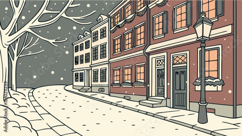 Winter Street Scene: A picturesque row of historic buildings and falling snow create a serene winter scene. Captured with a blend of traditional architectural design and the enchantment of the season.