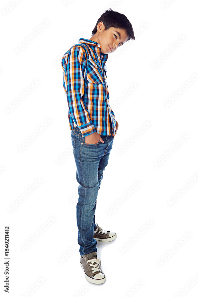 Fototapeta premium Boy, portrait and fashion with style, shoes or denim jeans on a white studio background. Child, kid or confident model with pose in casual clothing or checkered shirt for childhood, youth or growth
