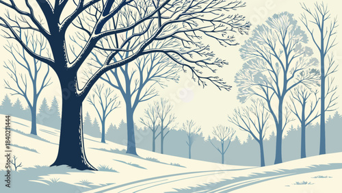 Winter Woods in Blue Hues: A serene winter landscape unfolds, where bare trees stand against a snowy backdrop, evoking a sense of tranquility.