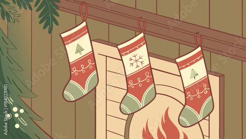 Festive Stockings: A trio of vintage Christmas stockings adorn a fireplace, creating a sense of cozy anticipation and holiday warmth.