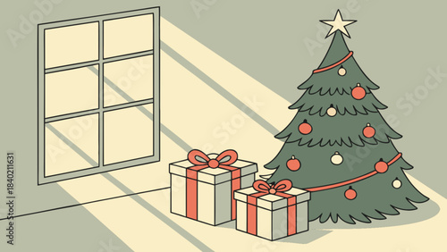 Holiday Cheer: A festive scene depicting a decorated Christmas tree, surrounded by wrapped gifts, bathed in soft sunlight streaming through a nearby window.
