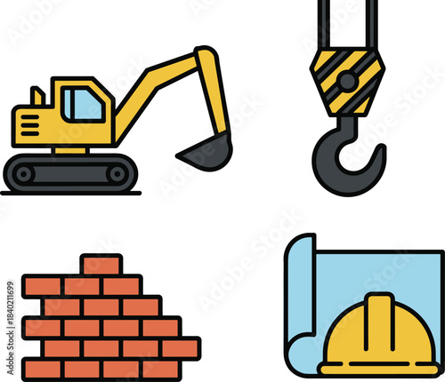 Construction vehicle icon set, heavy machinery equipment, excavators, bulldozers, dump trucks, road rollers, loaders, industrial machines, flat design vector illustration