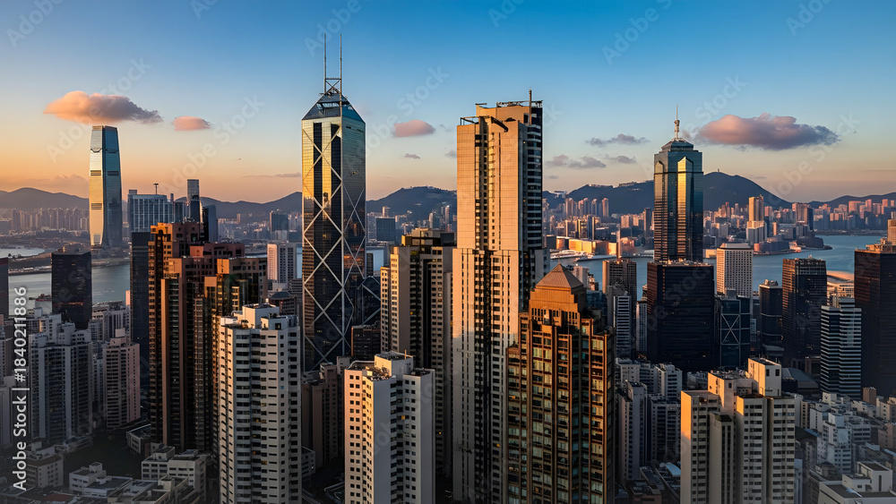 Fototapeta premium Hong Kong Cityscape at Sunset: A Panoramic View of Modern Architecture and Urban Life