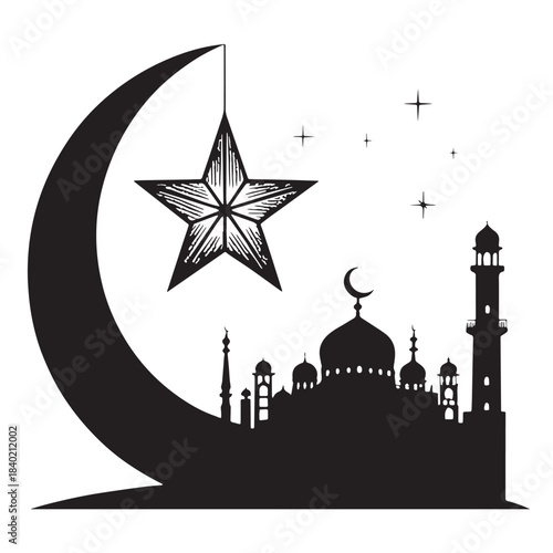 Black Eid Moon & Star Silhouette Vector, High Quality Illustration on White Background