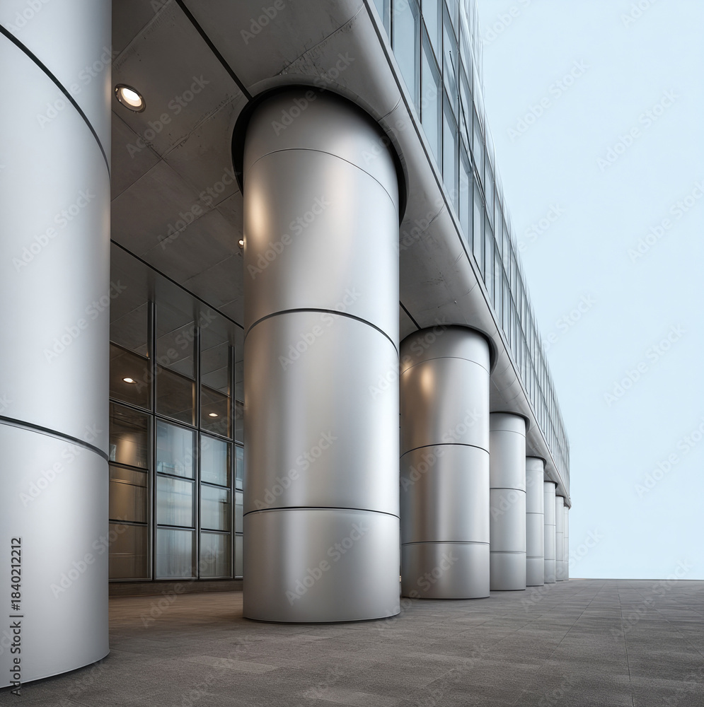 Naklejka premium Modern stainless steel building exterior with large cylindrical columns, glass windows, and minimalistic urban architecture design