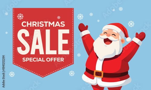 Cheerful Christmas sale banner with cartoon Santa Claus on blue background, red badge reading “Christmas Sale Special Offer,” and falling snowflakes, perfect for festive retail promotions and holiday