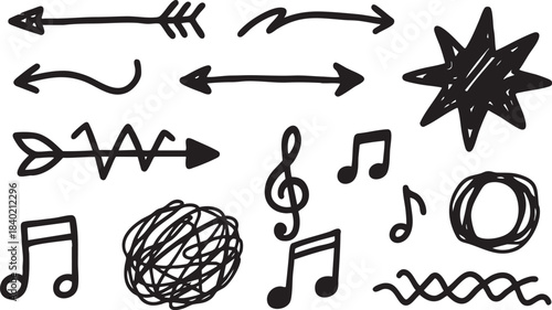 Grunge Hand-Drawn Arrow & Music Symbol Set: Black Sketch Doodle Design Elements