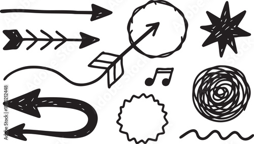 Grunge Hand-Drawn Arrow & Music Symbol Set: Black Sketch Doodle Design Elements
