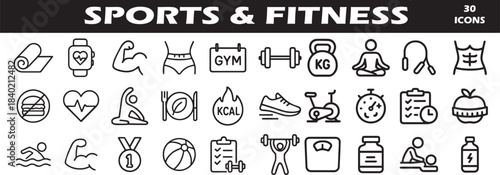 Sports and Fitness Icon Set, fitness icon set, sports symbol vector, black line wellness graphics, gym and workout illustrations, nutrition and health icons, wellness app icons, boxing and weight lift