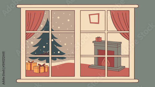 Holiday Scene: Festive holiday decorations grace the inside of a window, showcasing a cozy Christmas tree, fireplace, and beautifully wrapped gifts in a charming holiday scene.