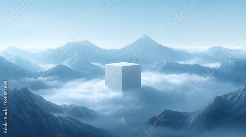 White cube floats above misty mountain range