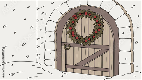 Cozy Entrance: A rustic wooden door is adorned with a festive wreath, suggesting warmth and welcome, leading to an inviting space during the winter season. 