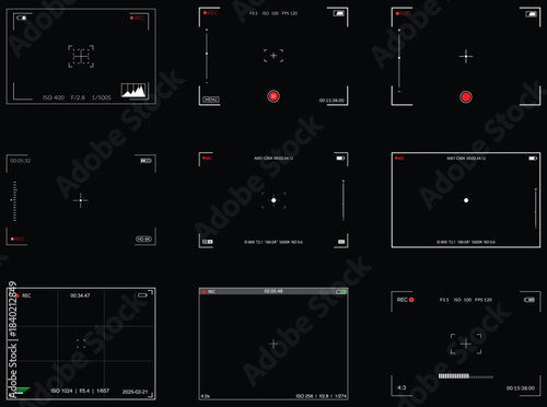 Digital Video Camera Viewfinder Interfaces Set. Black Screen Overlay with REC Indicators, Focus Targets, and Technical Data. 9 Different Camera and Camcorder on screen Displays, Viewfinders Layouts.