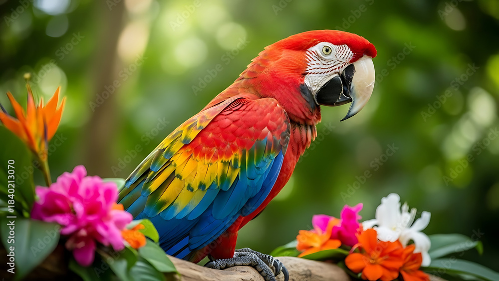 Fototapeta premium Vibrant Macaw Parrot on Tropical Branch with Exotic Flowers in Rainforest