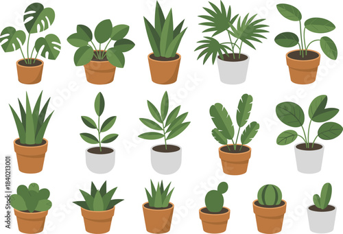 Minimal potted plant illustration set, houseplants in terracotta pots, modern botanical decor, indoor greenery icons, simple flat design foliage collection