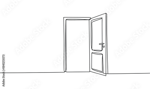 Minimalist continuous line drawing of an open door symbolizing opportunity, transition, freedom, new beginnings and pathways in modern design