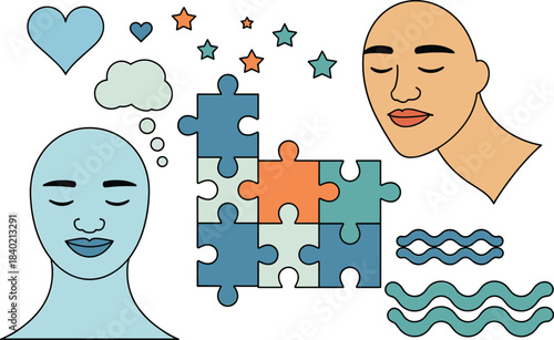 Minimalist communication and connection illustration featuring faces, hearts, speech bubble, stars, and puzzle pieces, symbolizing teamwork, empathy, cooperation, and understanding