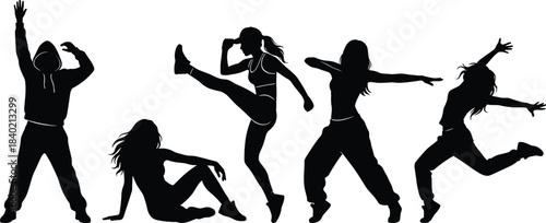 Active dancer silhouettes collection illustration, energetic women dancing poses set, modern movement exercise concept artwork, cad drawing flat vector illustration