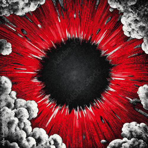 A comic-style explosion with red rays and a black center is surrounded by dynamic clouds, forming a dramatic graphic composition.

