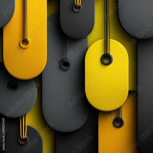 Yellow and dark gray matte-textured elements form a stylish geometric composition with soft lighting and neatly arranged fastenings.
