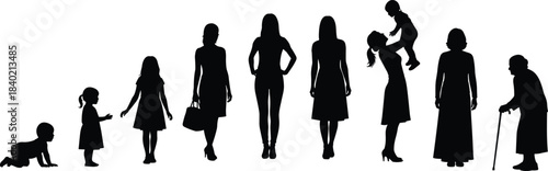 Woman Life Stages Black Silhouette Vector Illustration, Showing Female Development from Baby to Child, Teenager, Adult, and Elderly Woman with Cane, Aging Concept.