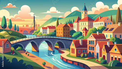 A high, sweeping perspective showing historic streets, a scenic bridge, and riverbanks framed by soft light that enriches the town’s calm and picturesque layout.