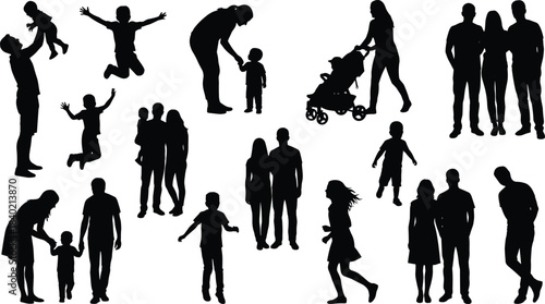 Family people silhouettes collection illustration, parents children and couples in daily life poses, human figures set, cad drawing flat vector illustration