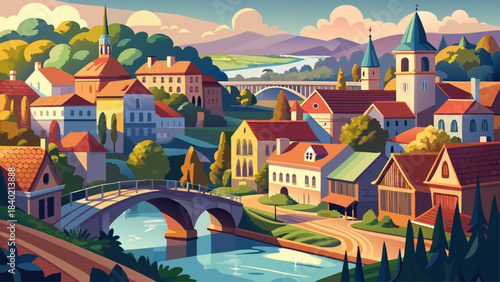 A high, sweeping perspective showing historic streets, a scenic bridge, and riverbanks framed by soft light that enriches the town’s calm and picturesque layout.
