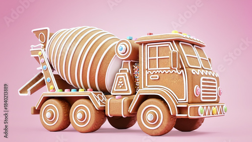 Gingerbread cement truck decorated with icing and colorful candies  