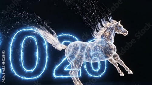 Abstract digital horse with glowing 2026 text on black background