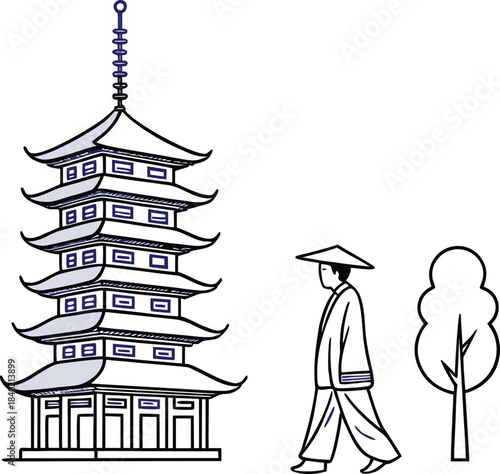 Traditional Asian man walking near ancient pagoda and tree