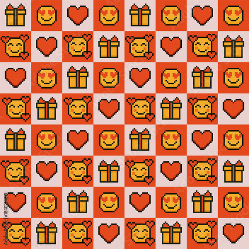Pixel style romantic seamless pattern with hearts, emojis and gifts. Perfect for Valentines Day products, wrapping paper, cards, wallpapers and cute love themed designs.